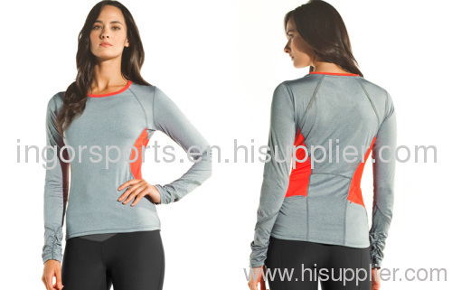 Long Sleeve Contrast Neck Tape Womens Fitness Wears Grey Back Storage Pockets