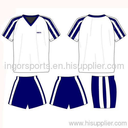 Football Team Uniforms Stripes Jerseys And Shorts Polyester Sublimated Soccer Sportswear