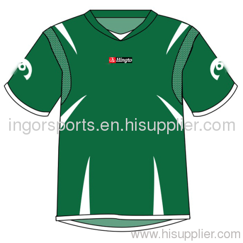 Green Sublimated Soccer Uniforms T-Shirts and Shorts Heat Transfer / Embroidery Printing