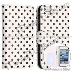 Hot Selling Dots Pattern Folio Leather Hot Wallet Case for iPhone 5 with Card Slot