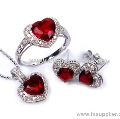 Heart Shape Ruby Pendant Earrings and Necklace Set