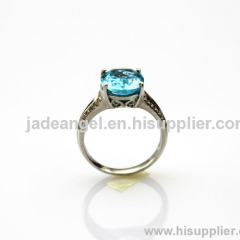 925 Sterling Silver Ring with 9x11mm Oval Cut Created Blue Topaz and CZ Diamonds