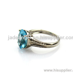 925 Sterling Silver Ring with 9x11mm Oval Cut Created Blue Topaz and CZ Diamonds