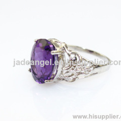 Gemstone Silver Jewelry 10x12mm Created Amethyst and Clear Cubic Zircon Ring