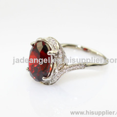 925 Silver Jewelry 9x11mm Oval Garnet Cubic Zircon Silver Ring with Rhinestone