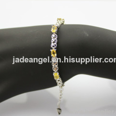 925 Sterling Silver Link Bracelet With Created Yellow Citrine and Clear CZ Diamonds