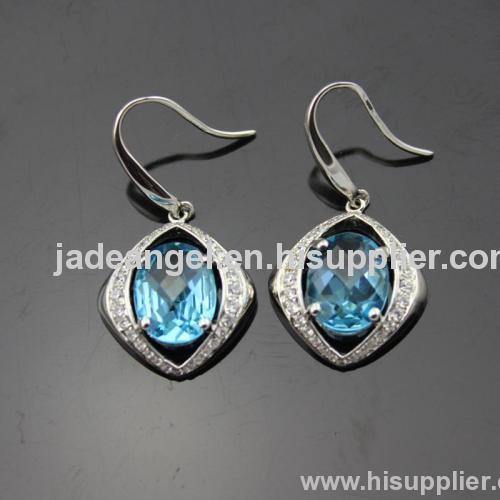 Gemstone Silver Jewelry Blue Topaz Cubic Zircon Earrings