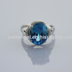 Solid Silver Jewelry Oval Blue Topaz and Cubic Zircon Ring