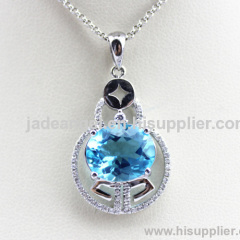 925 Sterling Silver Blue Topaz Cubic Pendant Charm Jewelry