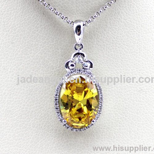 925 Sterling Silver Oval Cut Created Citrine Pendant with CZ Diamonds Jewelry
