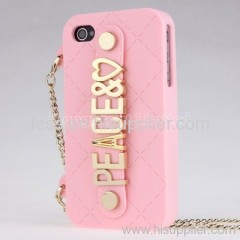Peace Love Quilted Silicon Case With Chain Holder For iPhone 4/4S