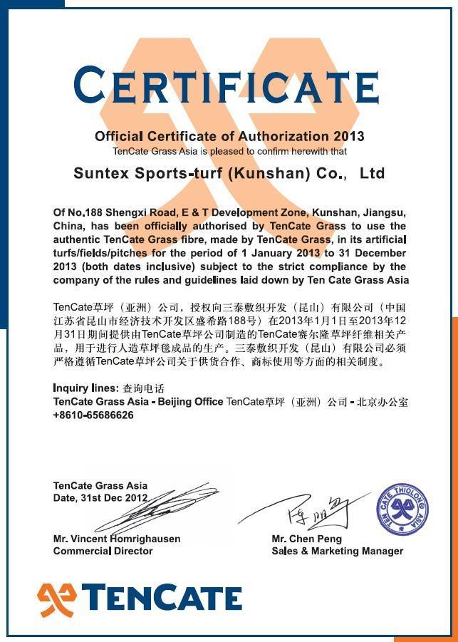 TenCate fibre Certificate