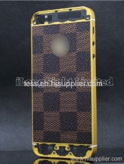 L/V Checker Pattern Leather Skin With Gold Logo Back Cover Replacement For iPhone 5-Gold