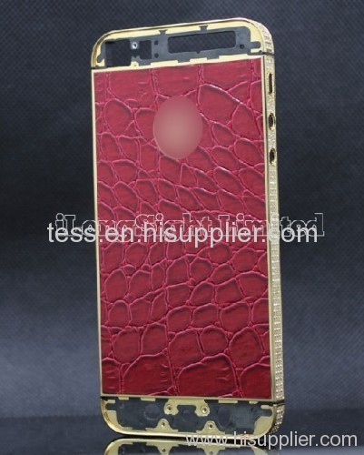 Crocodile Pattern Red Leather Skin 3 Lines White Diamond Stone With Gold Logo Back Cover Replacement For iPhone 5-Gold