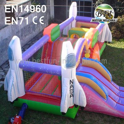 Pink Inflatable Rocket Bouncer With Slide