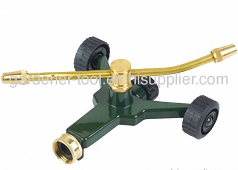 2 arm brass rotary sprinkler with zinc alloy base and wheel