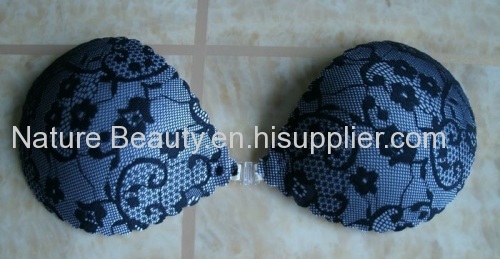 Black flower lace push up backless silicone bra