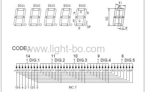 شاشة عرض LED مخصصة زرقاء اللون بخمسة أرقام مقاس 14.2 مم (0.56 بوصة) مكونة من 7 أجزاء، -63 × 19 × 8 مم