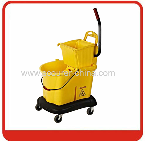 Mop cleaning bucket wringer trolley with four wheels and base plate with wringer and handle