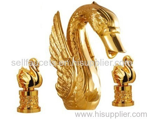 gold finish 3 Pcs ROMAN lavtory sink faucet with swan handles widespread little swan