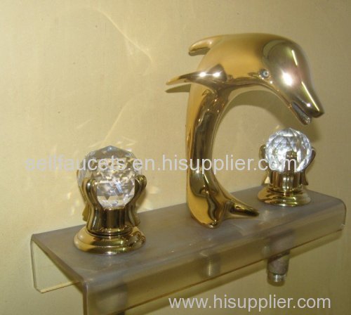 PVD GOLD WIDESPREAD LAVATORY BATHROOM SINK dolphin FAUCET crystal handles dolphin sink faucet