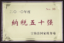 Ninghai Top 50 Major Taxpayer Certificate of Year 2010