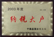 Ninghai Major Taxpayer Certificate of Year 2003