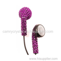 Purple Crystal Rhinestone Stereo Earphones with Microphone