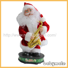 standing on mini stage playing guitar Santa Claus