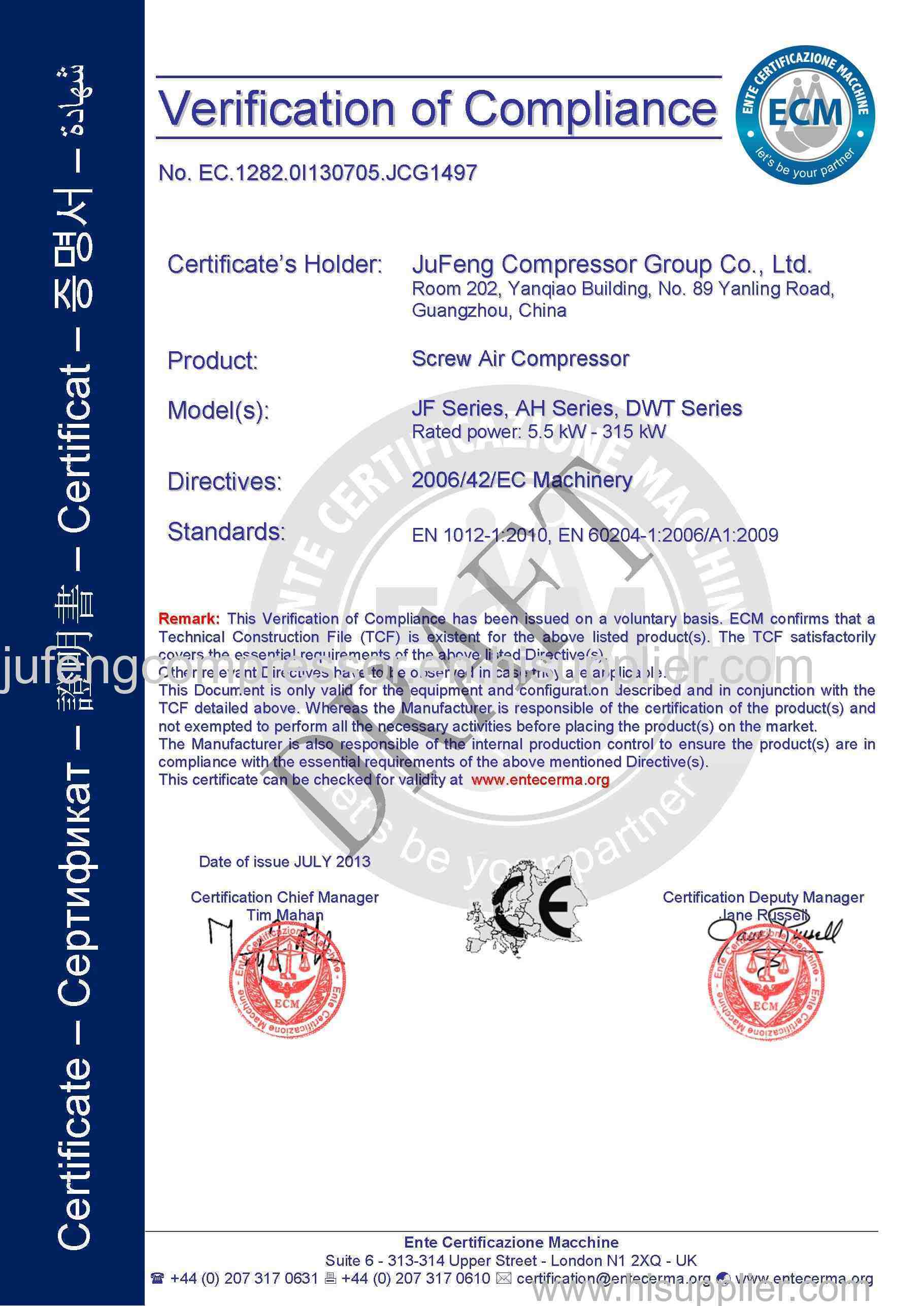 CE Certificate for Screw Air Compressor