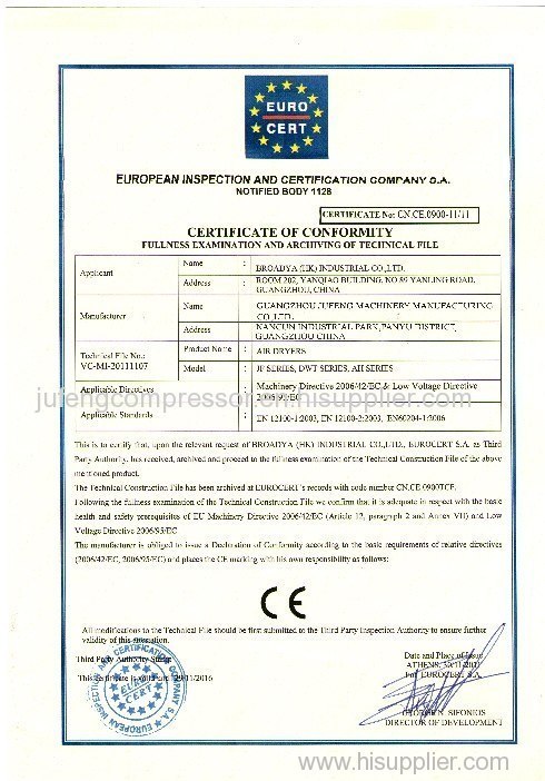 CE Certificate for Air Dryer