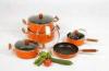 Orange 9pcs Aluminum Nonstick Cookware Set With Wooden Handle