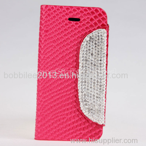 Diamond Button Snake Texture Wallet Style Golden Electroplate Flip Leather Case for iPhone5/5S