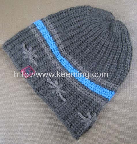 Brown with light brown and blue stripe knitted hat