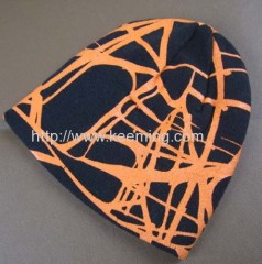 100% acrylic Black with orange full printing knitted hat