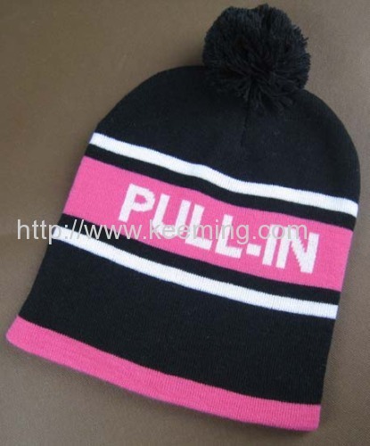 Black with white and pink stripe knitted hat