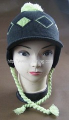 Double layer jacquard knitted hat with visor and fleece lining