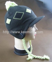 Double layer jacquard knitted hat with visor and fleece lining