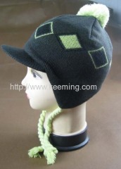 Double layer jacquard knitted hat with visor and fleece lining