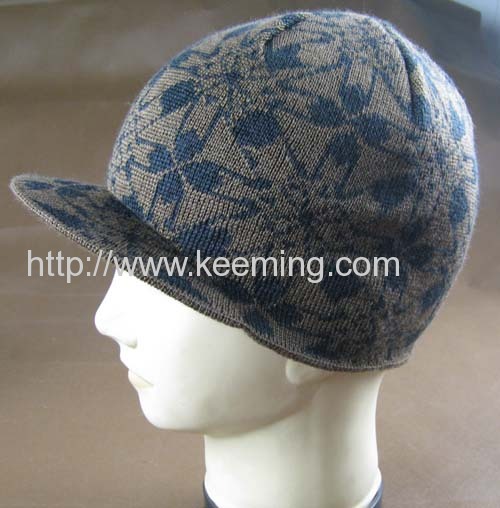 Wollen double layer intarsia jacquard knitted hat with visor 