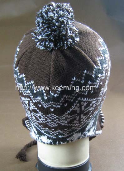 Snow flower jacquard hat with earflap and pompon,overlock on the edge