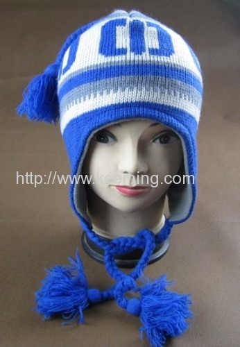 White and blue Intarsia jacquard knitted earflap hat
