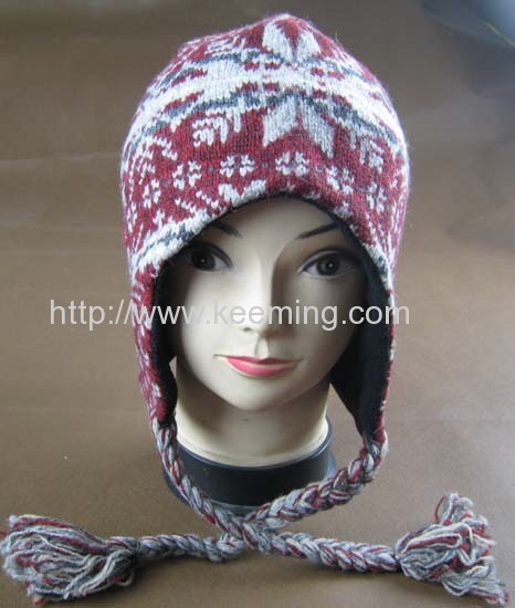 Snow flower lambswool dashed jacquard with part of fleece lining earflap hat