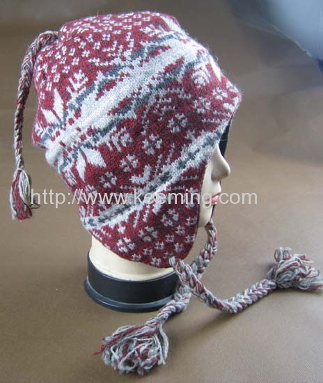 Snow flower lambswool dashed jacquard with part of fleece lining earflap hat