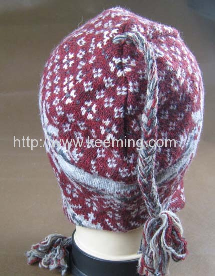 Snow flower lambswool dashed jacquard with part of fleece lining earflap hat