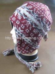 Snow flower lambswool dashed jacquard with part of fleece lining earflap hat