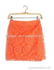 Orange Grenadine Floral High Waist Lace Short Skirt