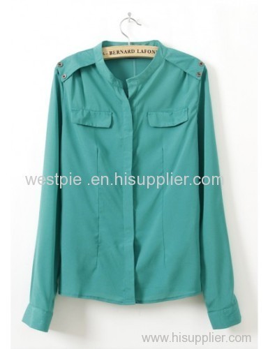 Green Long Sleeve Round Neck Buckle Shoulder Chiffon Blouse
