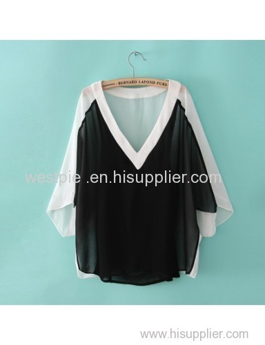 hite and Black Batwing Sleeve V-Neck Splice Blouse