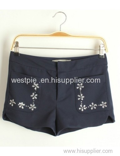 Dark Blue Double Pockets Diamante Short Pants